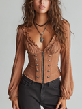 Romantic Caramel Brown Corset Ruffle Blouse