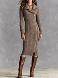 Retro Asymmetric Diagonal Zip Collared Taupe Cable Knit Midi Dress