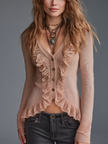 Romantic Dusty Rose Lace-Ruffle Knit Cardigan