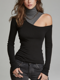 Modern Black Contrast Turtleneck Cutout Knit Top