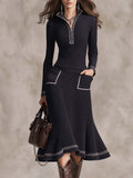 Contrast Trim Ribbed Knit Half-Zip Sweater Midi Dress With Pockets