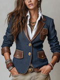 Faux Leather Trim Herringbone Tweed Blazer