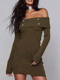 Off Shoulder Ribbed Knit Sweater Mini Dress with Button Detail
