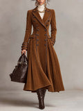 Women's Double-Breasted Corduroy Long Coat with Leather Trim