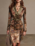 Vintage Paisley Print Double-Breasted Blazer Dress with Satin Lapel & Belt