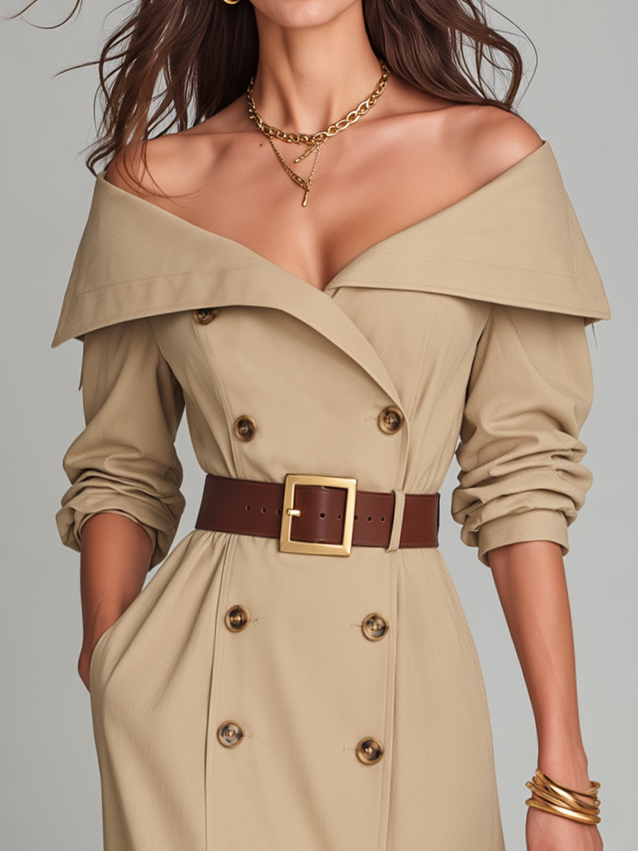 Elegant Beige Off-Shoulder Belted Trench Midi Dress