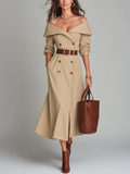 Elegant Beige Off-Shoulder Belted Trench Midi Dress