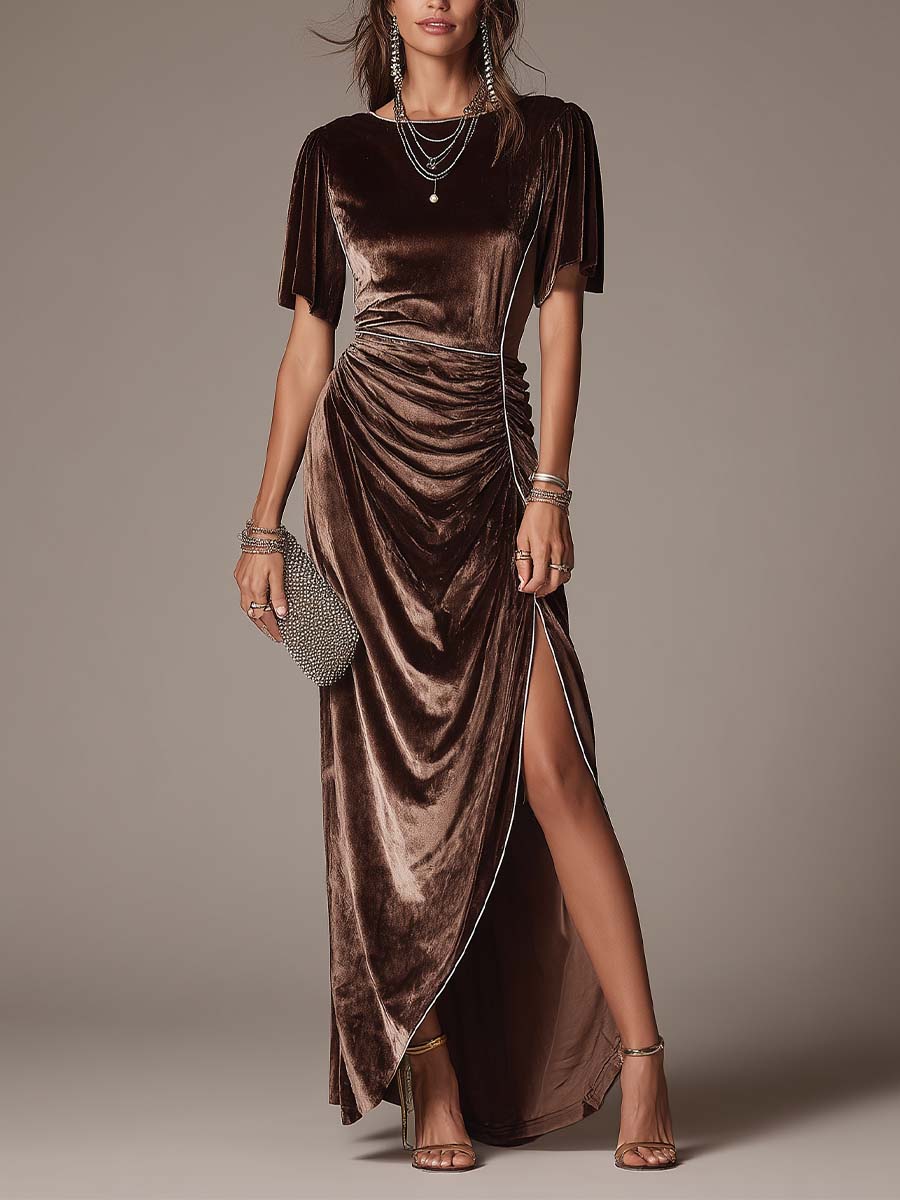 Elegant Velvet Gown With Flutter Sleeves And Contrasting Trim