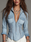 Women's Zip-Up Chambray Denim Shirt with Pintuck Waist Detail