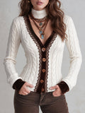 Ivory Bohemian Cable-Knit Velvet-Trim Cardigan