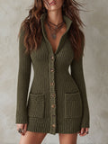 Boho Ribbed Knit Button-Front Sweater Mini Dress with Pockets