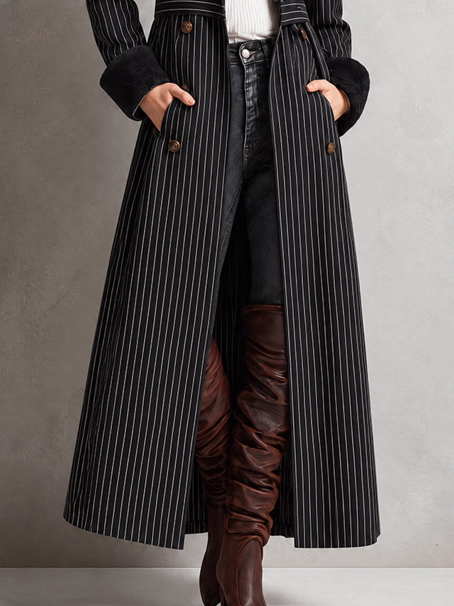 Vintage Bohemian Ruffle-Trim Pinstripe Duster Coat