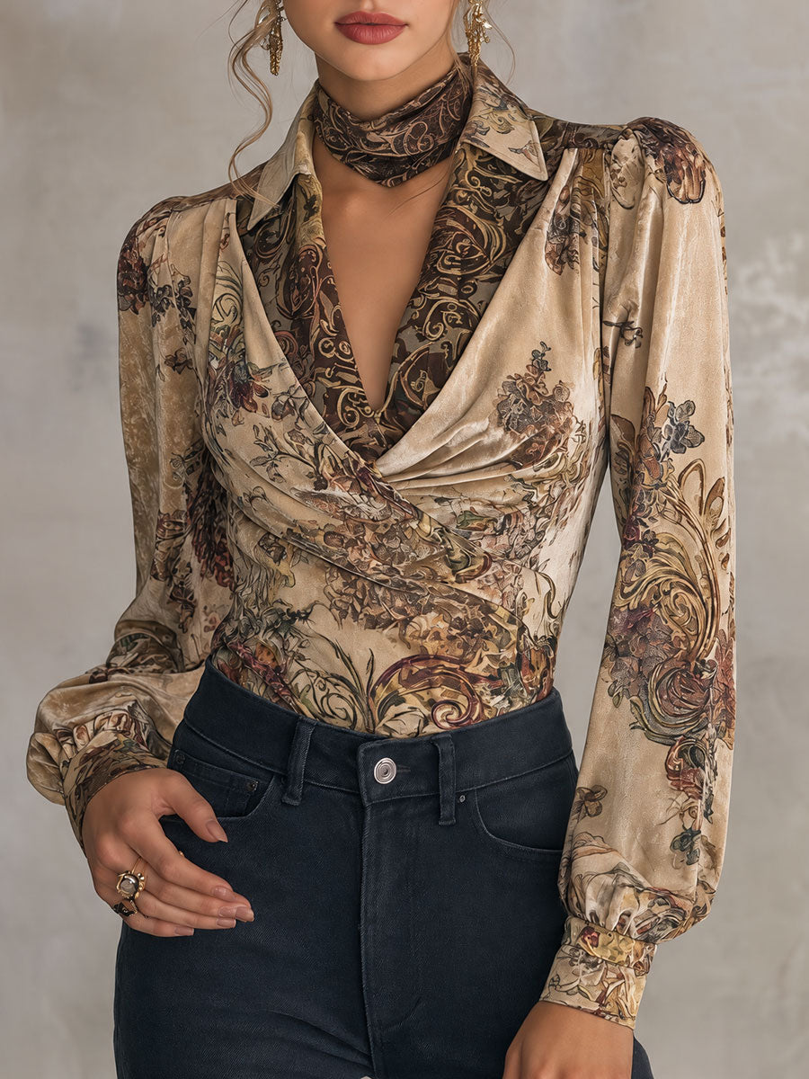Vintage Floral Print Wrap Blouse With Bishop Sleeves