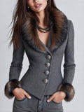 Women's Faux Fur Trim Herringbone Tweed Fitted Blazer Jacket