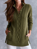 Vintage Stand Collar American Cable Knit Henley Sweater With Pockets
