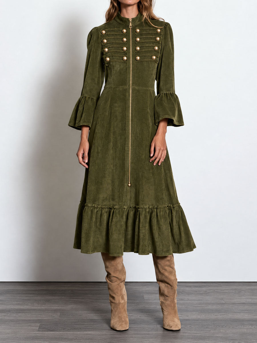Vintage Stand Collar Double-breasted Corduroy Dress With Zipper
