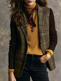 Retro English Country Tartan Tweed Blazer With Knit Sleeve