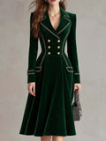 Emerald Velvet Double-Breasted Coat Dress with Gold Braid Trim