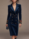 Corduroy Double-Breasted Blazer Dress with Embroidered Cuffs and Belt
