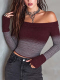Off-Shoulder Ombre Striped Ribbed Knit Crop Top with Thumbhole Sleeves