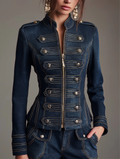 Women's Military Style Denim Jacket With Gold Trims And Buttons