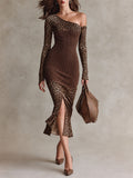 Leopard Print One-Shoulder Ribbed Knit Bodycon Midi Dress