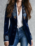 Retro Navy Velvet Blue Gold Floral Embroidery Blazer