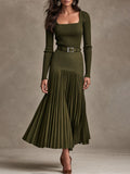 Quiet Luxury Olive Knit Maxi Dress With High Waist Pleated Skirt