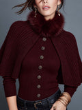 Two-piece Set Of Faux Fur Collar Batwing Sleeve Ribbed Knit Cape Cardigan With Rose Buttons