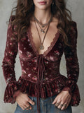 Vintage-style Floral Print Ruffled Hem Velvet Blouse With Lace Trim