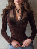 Elegant Velvet And Lace-panelled Corset-style Blouse