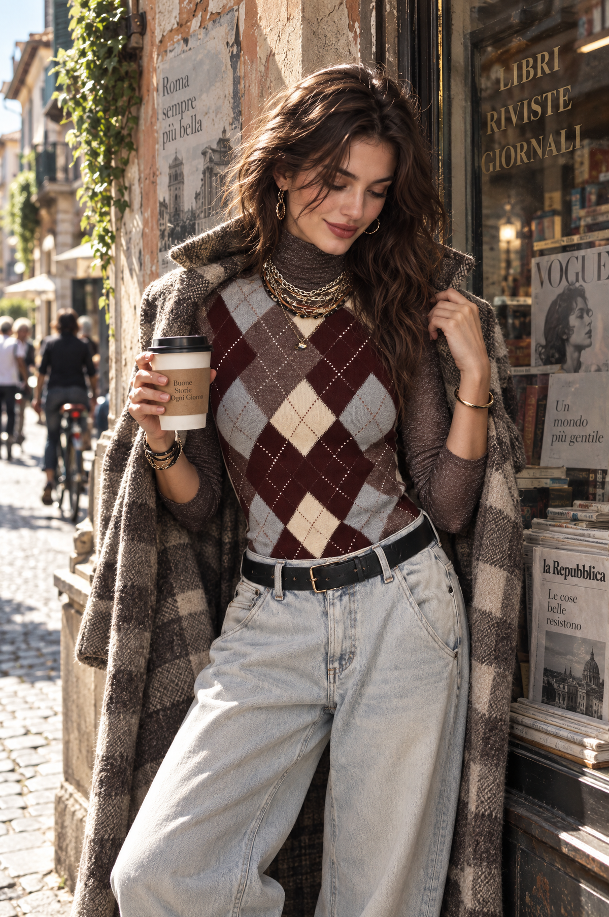 Classic Color-Block Argyle Knit Mock-Neck Top