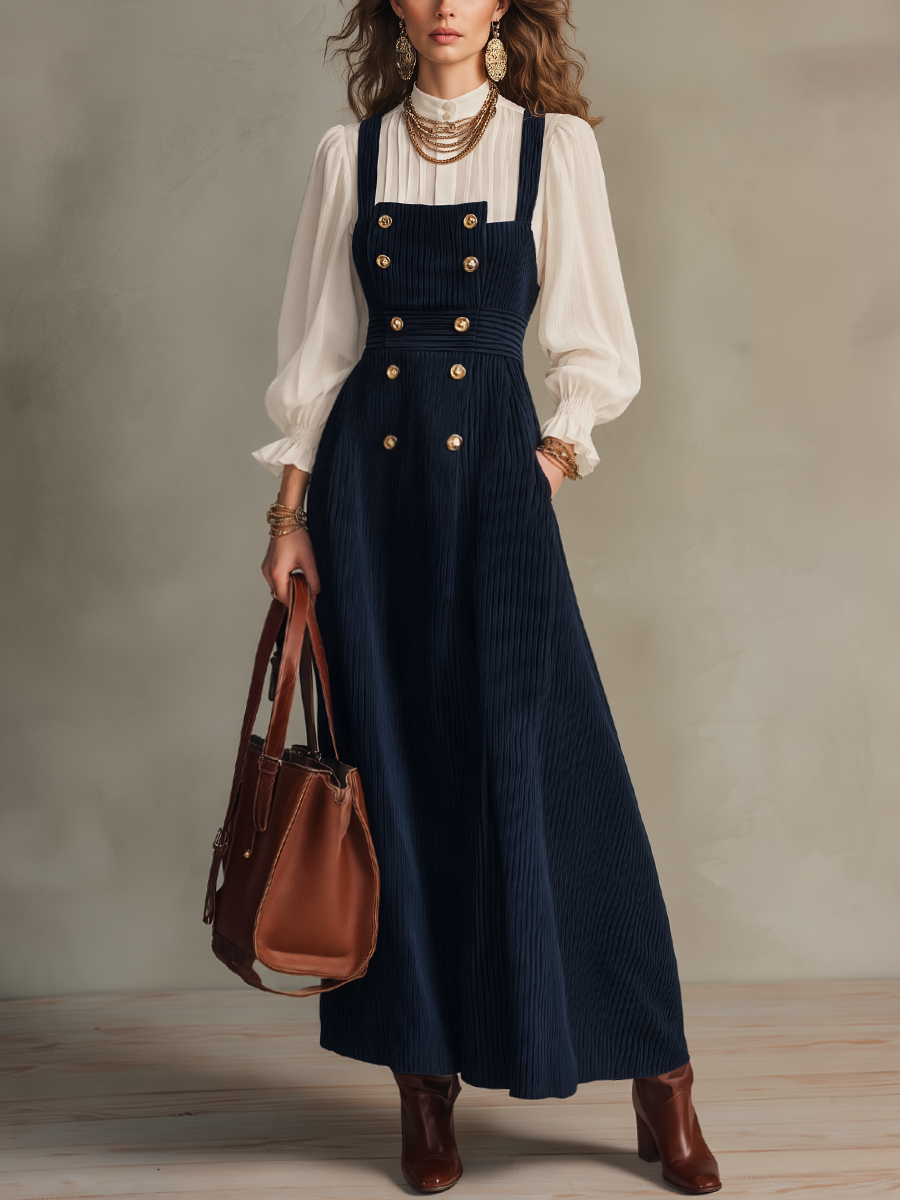 Elegant Navy Pleated Button Pinafore Maxi Dress