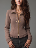 Refined Taupe Fringe Trim Zip-Up Knit Jacket