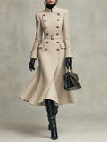 Elegant Double-Breasted Military Style Wool Coat With Belt