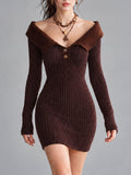 Vintage Bohemian Cocoa Off-Shoulder Ribbed Knit Mini Dress