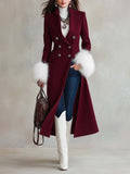 Women's Double-Breasted Wool Coat with Faux Fur Cuffs - Elegant Long Trench Style