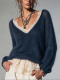 Refined Mohair Top Featuring A Faux-layered Design With Lace Trim.