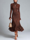 Ribbed Knit And Lace Fabric Midi Dress With A Ruffle Hem
