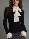 Romantic Black Lace Bow Ribbed Knit Top