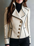 Retro Ivory Herringbone Wool Blend Jacket With Black Piping