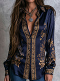 Women's Navy Gold-Tone Floral Print Satin-Look Long Sleeve Button-Up Blouse