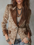 Retro Polyester Velvet Collar Zebra-print Faux Suede Blazer