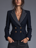 Tailored Navy Herringbone Lapel Double-Breasted Blazer