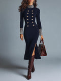 Navy Military-Inspired Gold-Tone Buttons Long Sleeve Midi Dress with Striped Trim