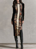 Vintage Floral Panel Velvet Long Sleeve Slit Midi Dress