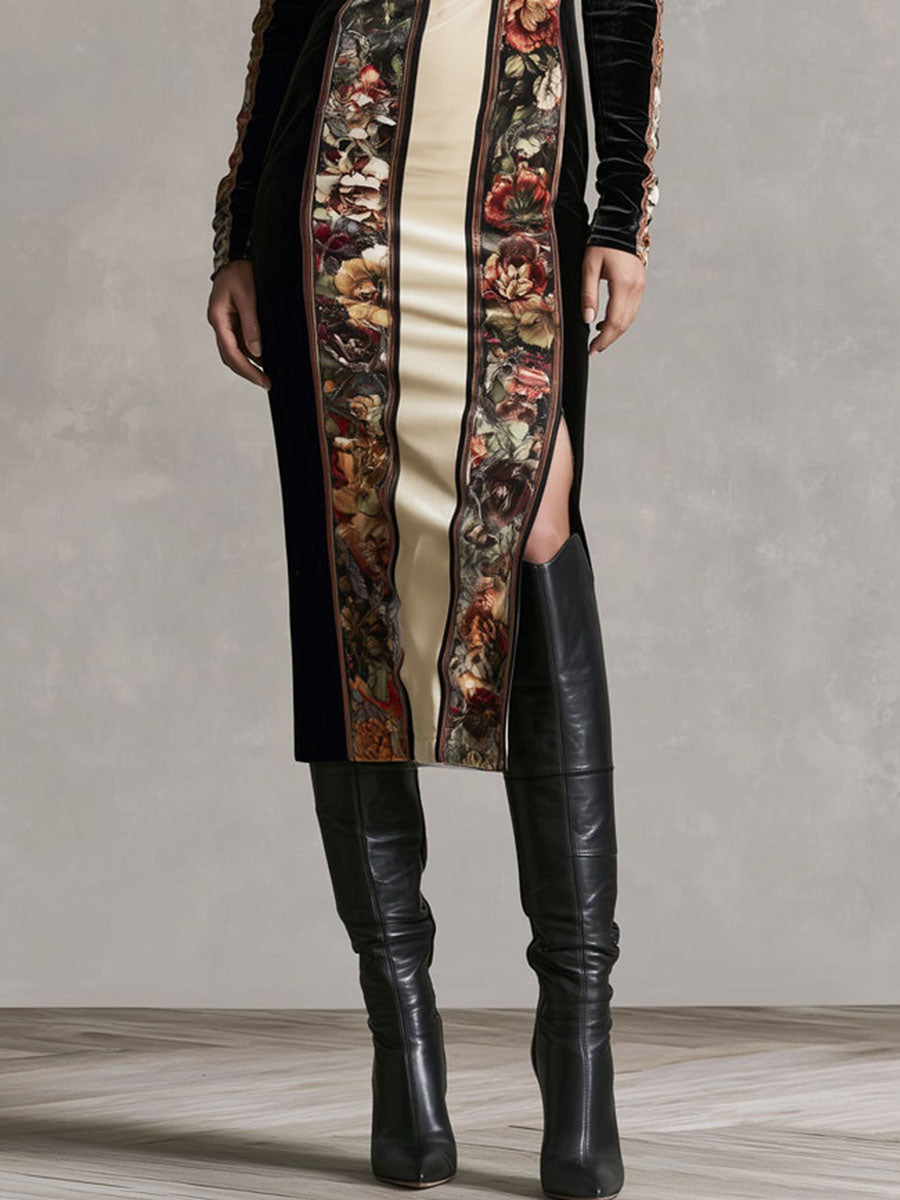 Vintage Floral Panel Velvet Long Sleeve Slit Midi Dress