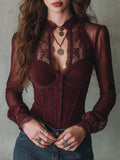 Quiet Luxury Fitted Washed Denim Blouse With Lace Paneling