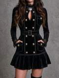 Retro Black Velvet Double-breasted Belted Mini Dress With Lace Trim