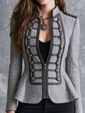 Vintage Contrast Trim And Ornate Buttons Grey Zip-Front Jacket